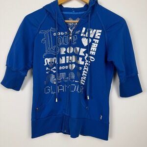 Y2K Self Esteem Graphic Zip Up Short Sleeve Hoodie Junior Large Blue Rock Grunge